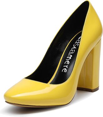 Castamere Womens High Heels Chunky Block Heel Pumps Classic Closed Round Toe Wedding Party Dress Office Shoes 4IN Patent Yellow Pumps EU 37