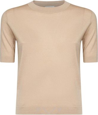 Max Mara Ronde hals gebreid T-shirt - Dames - Ronde hals truien - Beige - XS - Wol - Truien & Vesten