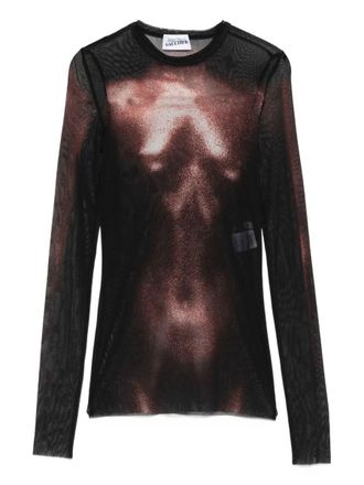 Jean Paul Gaultier Mesh Crew Neck Top With Long Sleeves Printed Body Dust Clothing