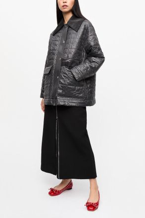 Ganni Mixed Black Shiny Quilt Midi Jacket - Size XXS/XS Recycled Nylon
