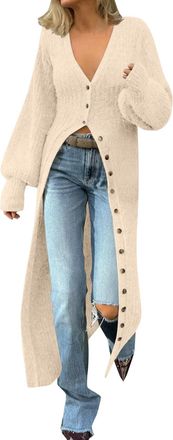 Generic Cardigans for Women UK Plus Size Maxi Long Cardigan Button Up Open Front Sweaters Elegant Plain Plunge Coatigans Warm Soft Casual Sweater for Autumn W
