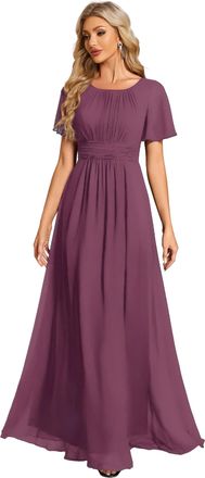 Ever-pretty Womens Maxi Bridesmaid Dress with Ruffles Sleeve Pleated Elegant Chiffon Evening Gowns Damson 14