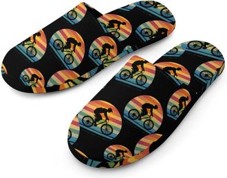 Generic Sunset Biker Vintage Flannel Mens Slip-on Slippers Winter Warm House Shoes with Rubber Sole for Home Hotel