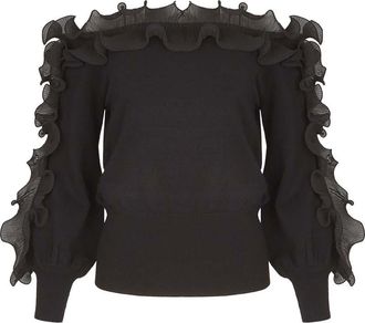 Anne Fontaine Womens Catane Black Long Sleeve Pullover Knit With Black Ruffle Details at Nordstrom, Size X-Small Uk