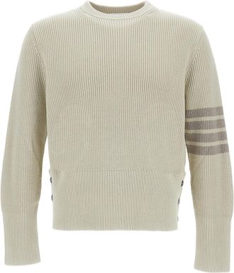 Thom Browne Garment-Dyed Crewneck Sweater with Distinctive Grosgrain Detail