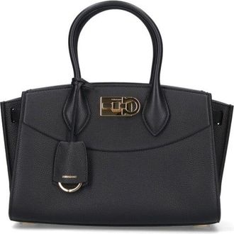 Ferragamo Structured Black Leather Handbag With Gold-Tone Closure