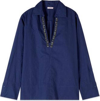 Oltre Katoenen Blouse met Kristallen - Dames - Blouses - Blauw - S - Katoen - Overhemden
