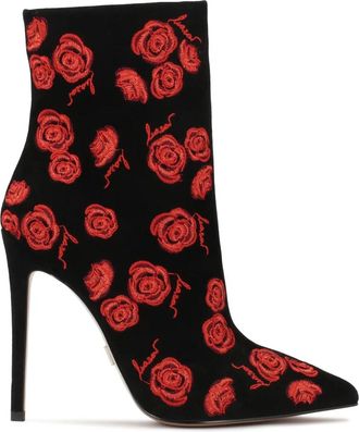Kazar Su&egrave;de laarzen met geborduurde rode bloemen. Dit product valt klein uit. - Dames - Laarzen met Hak - Zwart - 39 EU - Su&egrave;de - Schoenen