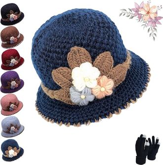 Generic Womens Flowers Knitted Hat, Winter Warm Crochet Fuzzy Bucket Hats, Thicken Retro Flower Cute Beanies Cap (UK, Alpha, One Size, Blue)