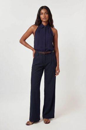 Karen Millen Womens Premium Linen Viscose Halter Collared Woven Shirt - Navy - Size 16 UK