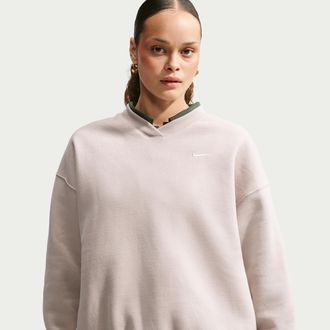Nike Womens Studio Fleece Medium Weight Oversized V-Neck Top in Brown | IQ5763-236