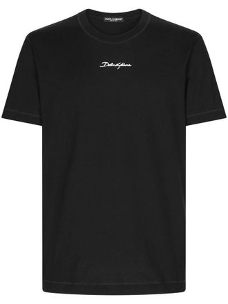 Dolce & Gabbana Black Crewneck T-Shirt With Signature Logo In Cotton Man