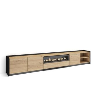 Skraut Home Mueble tv efecto madera roble negro 310x37x50cm chimenea efecto fuego