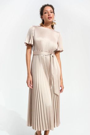 Joseph Ribkoff Signature | Pleated Satin Fit And Flare Dress With Sash Belt in Sand at Nordstrom, Size Small