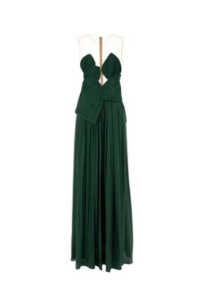 Costarellos Dark Green Georgette Serenne Long Dress