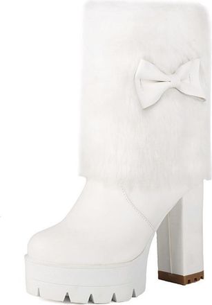 Generic Womens Lined Winter Boots Made of PU Leather, Fashionable Fur Boots with Bow And High Block Heel, Warm Mid-Calf Platform Snow Boots for Everyday Wear 