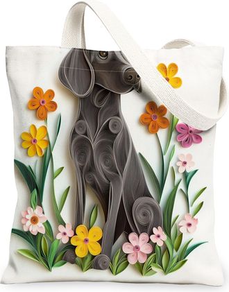 Generic Paper Quilling Weimaraner Dog Canvas Tote Bag for Shopping 13x15, Fun Wildflower Puppy Reusable Grocery Print Pattern Bag for Women, Pet Beach Aesthet