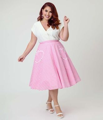 Unique Vintage Plus Size Sally Swing Skirt in Pink Gingham Print at Nordstrom, Size 1X