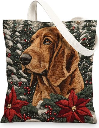 Generic Christmas Bloodhound Dog Canvas Tote Bag for Shopping 13x15, Knitting Winter Puppy Reusable Grocery Print Pattern Bag for Women, Pet New Year Beach Ae