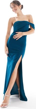 Tfnc Vestito lungo asimmetrico per damigelle donore color ottanio con scollo alla Bardot-Blu