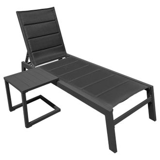 Happy Garden Conjunto De Tumbona Y Mesa Auxiliar Barbados De Textileno Negro Aluminio Gris Antracita