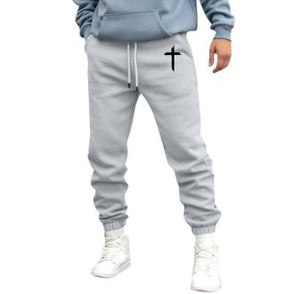Generic Mens Trousers Casual Smart Christian Cross Print Athletic Sweatpants Elasticated Waist Joggers Tracksuit Bottoms with Pockets, Grey, L