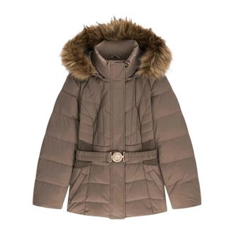 Guess Jassen, Dames, Bruin, XL, Leer, Gepolsterde jas met ceintuur en capuchon
