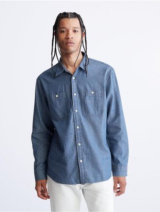 Calvin Klein Mens Striped Linen Blend Classic Button-Down Shirt - Blue - XS