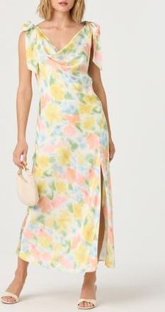 ASTR the Label Allexina Tie Shoulder Satin Maxi Dress in Yellow Watercolor at Nordstrom Rack, Size Small