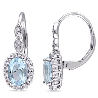 Amour Oval Shape Blue Topaz, White Topaz and Diamond Accent Vintage Leverback Earrings In 14K White Gold