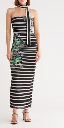 AFRM Ira Strapless Ruched Mesh Maxi Dress in Tattoo Stripe at Nordstrom Rack, Size Xx-Small
