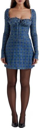 House of CB Malika Long Sleeve Cocktail Minidress in Blue Tartan Print at Nordstrom, Size X-Small A