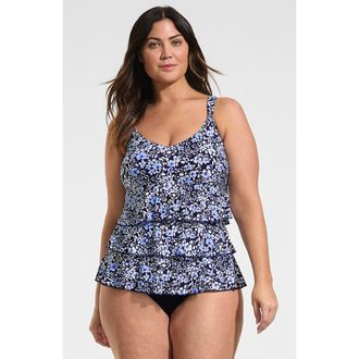 Lands End Smoothing Control Ruffle Fauxkini One Piece Swimsuit in Navy Meadow Floral at Nordstrom, Size 24W