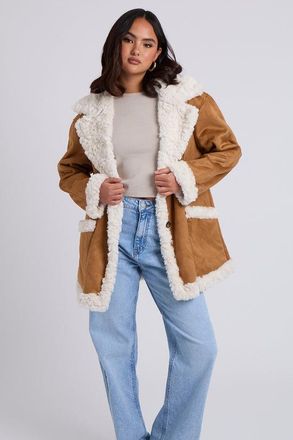 Urban Bliss Womens Brown Suede Bonded Mid Length Coat - Size 14 UK