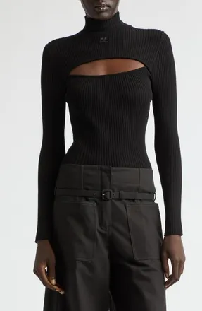 Courr&egrave;ges Slash Mock Neck Rib Sweater in Black at Nordstrom, Size X-Small