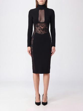 Elisabetta Franchi Abito midi a tubino in maglia con collo alto e inserti in pizzo