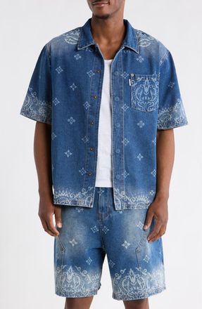 Criminal Damage Laser Print Denim Shirt in Mid Blue at Nordstrom, Size Large