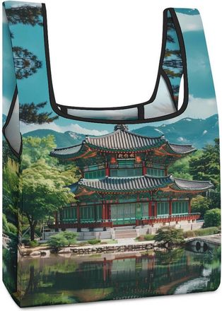 Generic Korean Architecture Palace of Koreas Shopping Bag Reusable Grocery Tote Bag Foldable Handbag for Travel Picnic