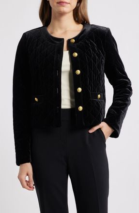 Tahari by ASL Quilted Crop Velvet Jacket in Black at Nordstrom, Size 12