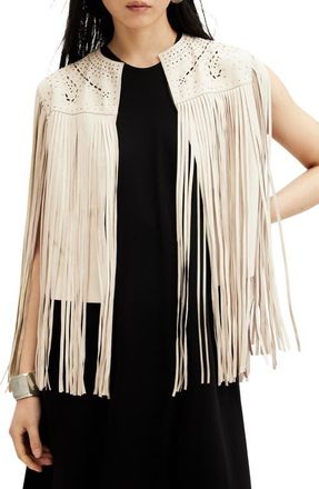 AllSaints Elias Astral Leather Fringe Vest in Off White at Nordstrom, Size Medium