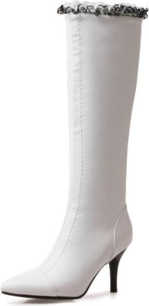 Generic Womens Knee High PU Leather Look Boots Stiletto Heels Pointed Toe Lace Ruffle Detail Comfortable Slip Resistant Party Evening Prom Fashion Shoes,White