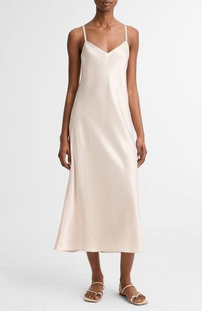 Vince V-Neck Cotton & Modal Satin Slipdress in Champagne at Nordstrom, Size Xx-Small