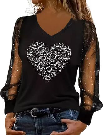 Generic Ladies Party Tops Sparkly Tops for Women UK Party Wear Lace Mesh Sheer Long Sleeve Top Elegant Dressy Blouse Crew Neck Sequin Tee Shirts Trenddy Casua
