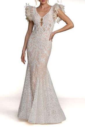 Mac Duggal Feather Detail Embellished Mermaid Gown in Ivory Nude at Nordstrom, Size 12