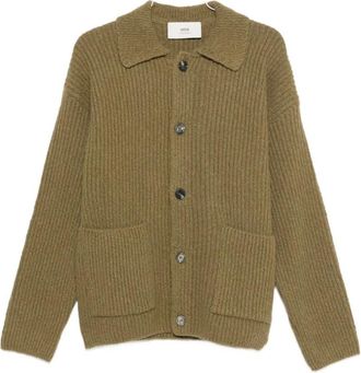 Ami Wollen en Katoenen Geribbelde Cardigan - Heren - Vesten - Groen - S - Katoen - Truien & Vesten