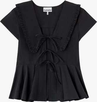 Ganni Black Blouse in Cotton Poplin - Size 10/12 Organic
