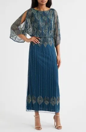 Pisarro Nights Beaded Cold Shoulder Cocktail Dress in Peacock 406 at Nordstrom Rack, Size 22