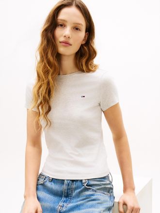 Tommy Jeans Kurzarmshirt TOMMY JEANS TJW SLIM C-NECK TEE, Damen, Gr. XL (42), ice grau heather, Single Jersey, Obermaterial: 100% Baumwolle, meliert, slim fit h&uuml;f