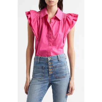 Ramy Brook Marceline Flutter Sleeve Cotton Shirt in Pink Petunia at Nordstrom Rack, Size X-Small