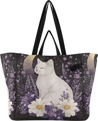 Generic White Cat Flowers pattern Reusable Canvas Tote Bag, Heavy Duty Grocery Shopping Bag with Hard Bottom Large Capacity Double Handles Work Groceries Trav
